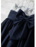 Navy Blue Taffeta Ivory Lace V Back Knee Length Flower Girl Dress